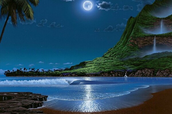 Paesaggio fantastico sotto la luce della Luna