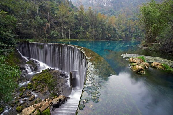 Dam in the forest beginning of autumn