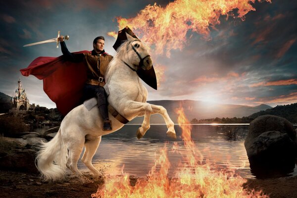 Cavaliere su un cavallo bianco avvolto nel fuoco