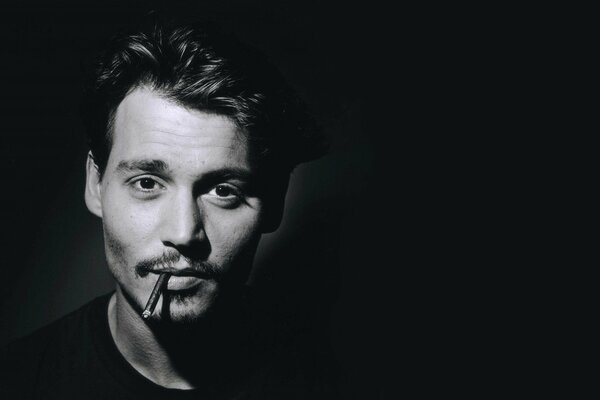 Black and white photo of Johnny Depp