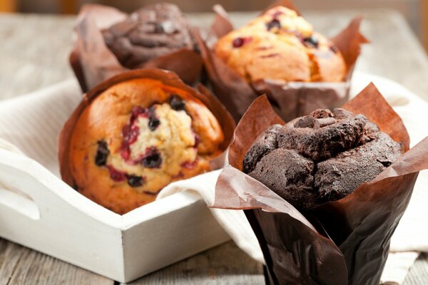 Muffins de chocolate en una bandeja