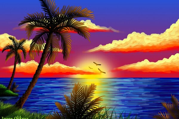 Coucher de soleil tropical doré et palmiers