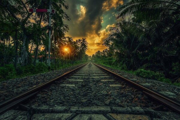 El ferrocarril que sale al atardecer