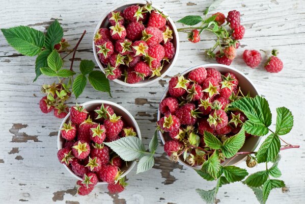 Frische Himbeeren mit Blättern in Vasen auf dem Tisch