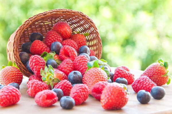 Frische Beeren, die aus dem Korb gefallen sind