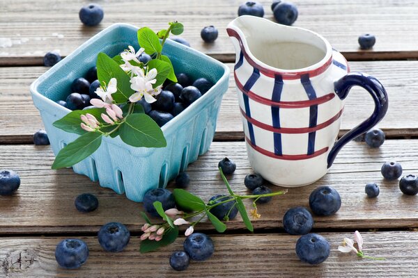 Heidelbeeren mit Jasmin neben einem Krug