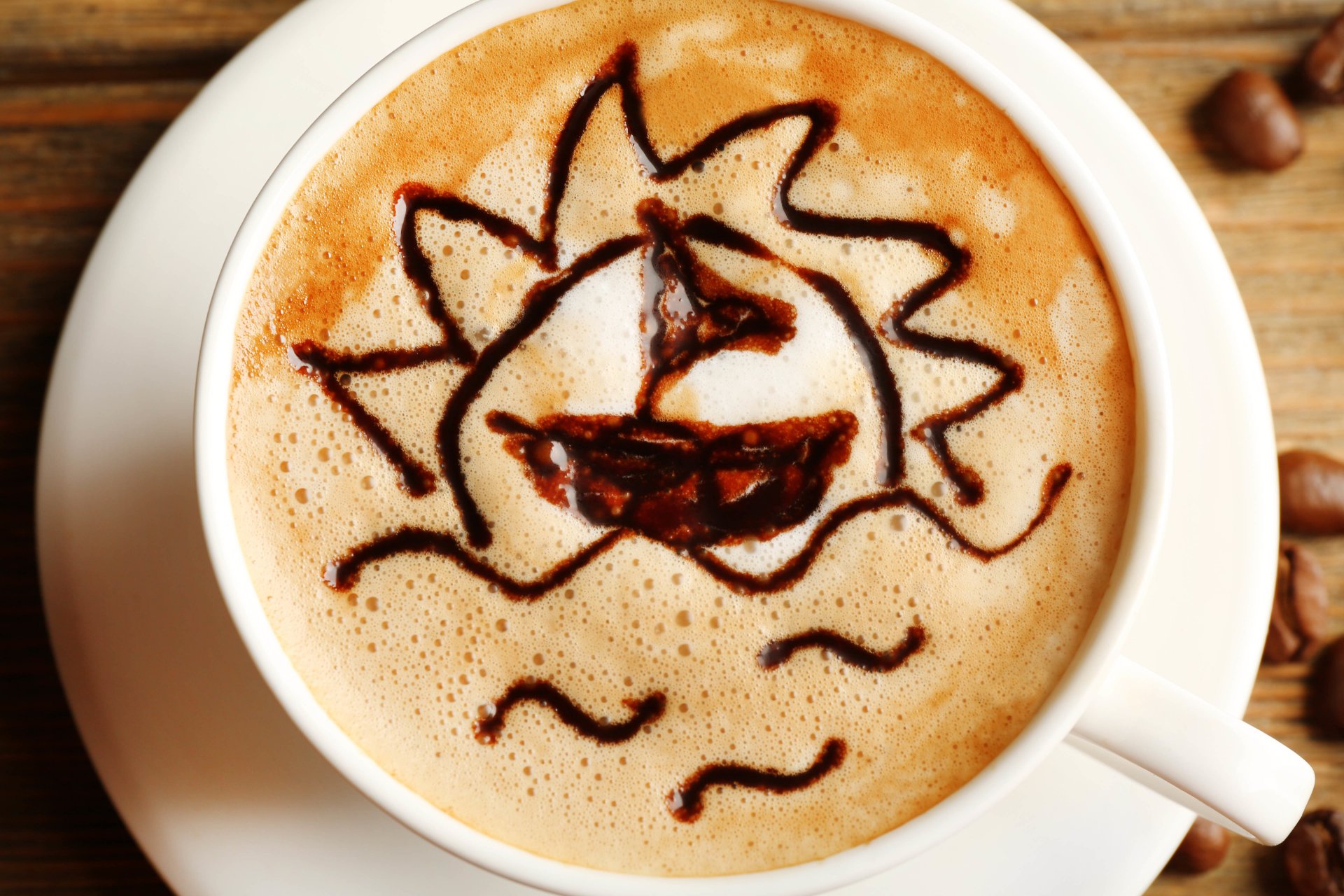 food coffee cappuccino morning morning big cup foam latte art sun boat pattern yum-yum blur bokeh wallpaper