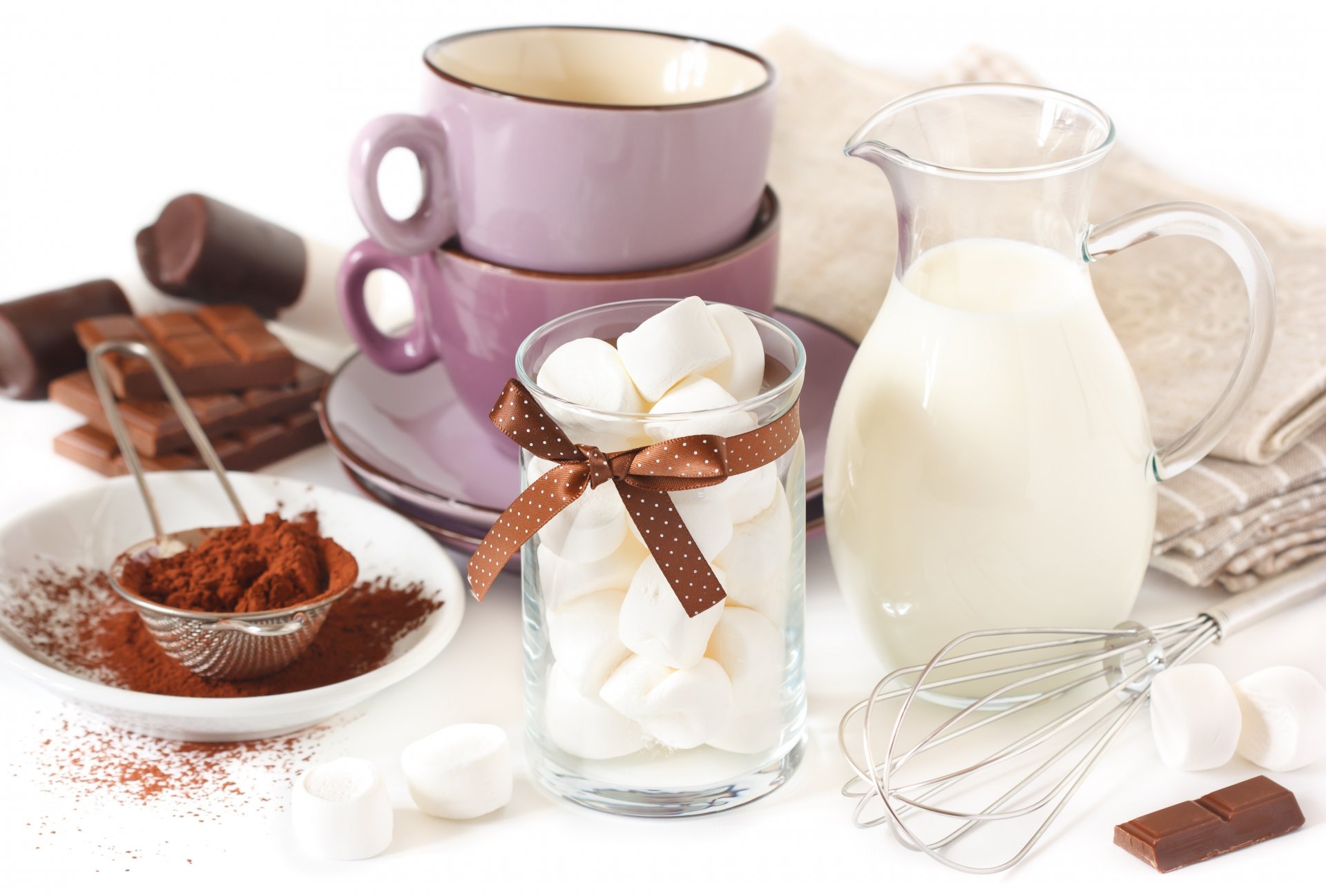 pitcher milk chocolate marshmallows saucers cup wipe