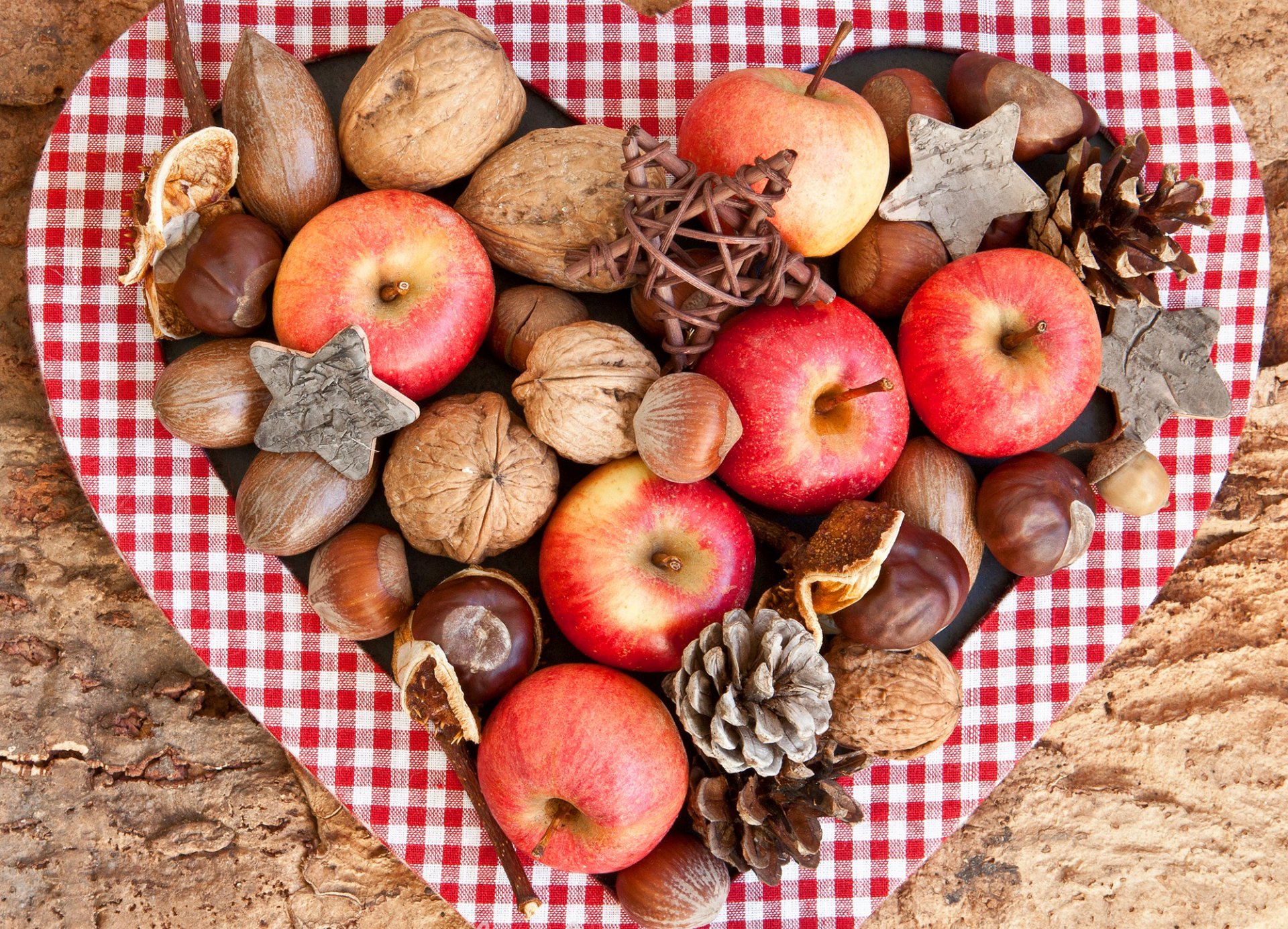 apples red fruits nuts chestnut acorns cone autumn