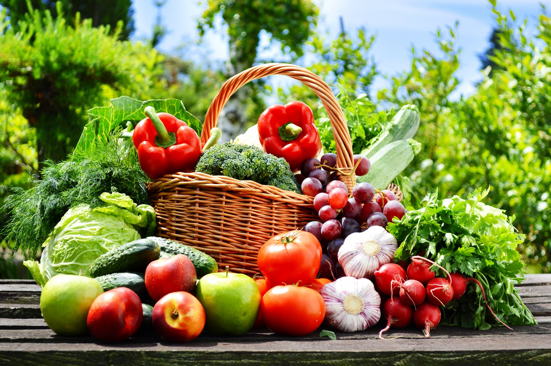 verduras frutas cesta repollo tomates ajo rábanos pimientos pepinos uvas manzanas naturaleza