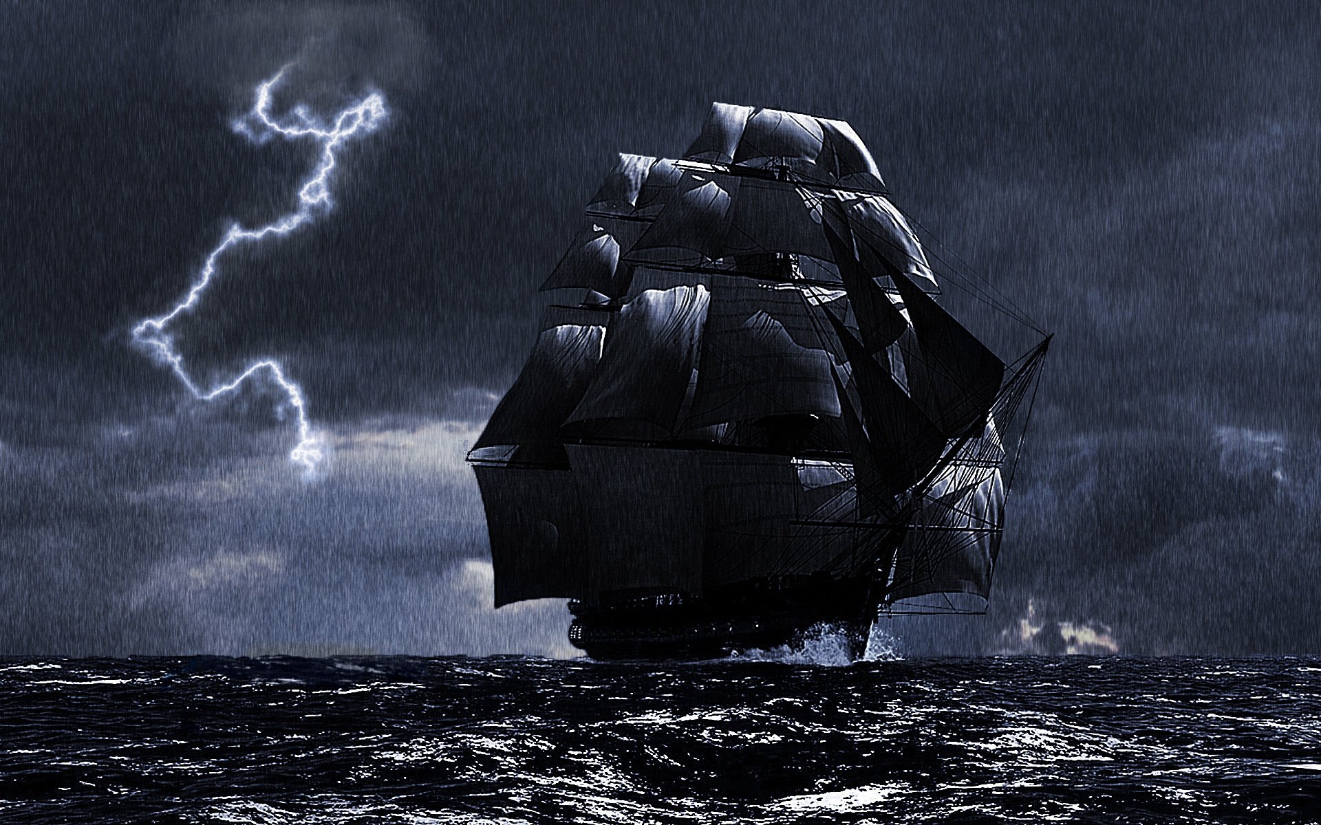 warship frigate sailboat rain lightning element