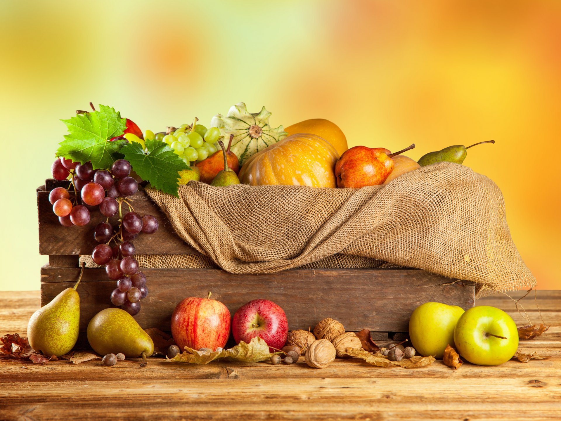 otoño cosecha frutas verduras manzanas uvas peras calabazas nueces caja arpillera