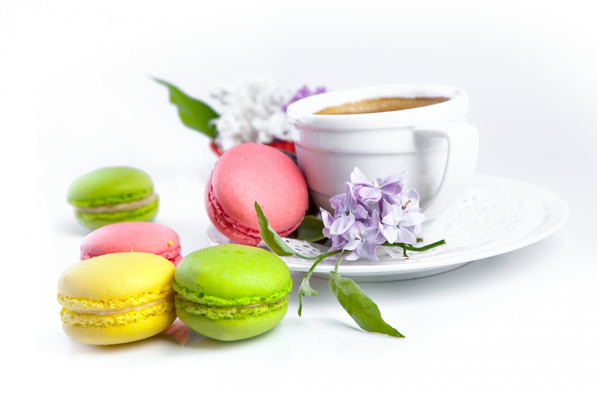 macarons pâtisseries douceur fleurs feuilles café