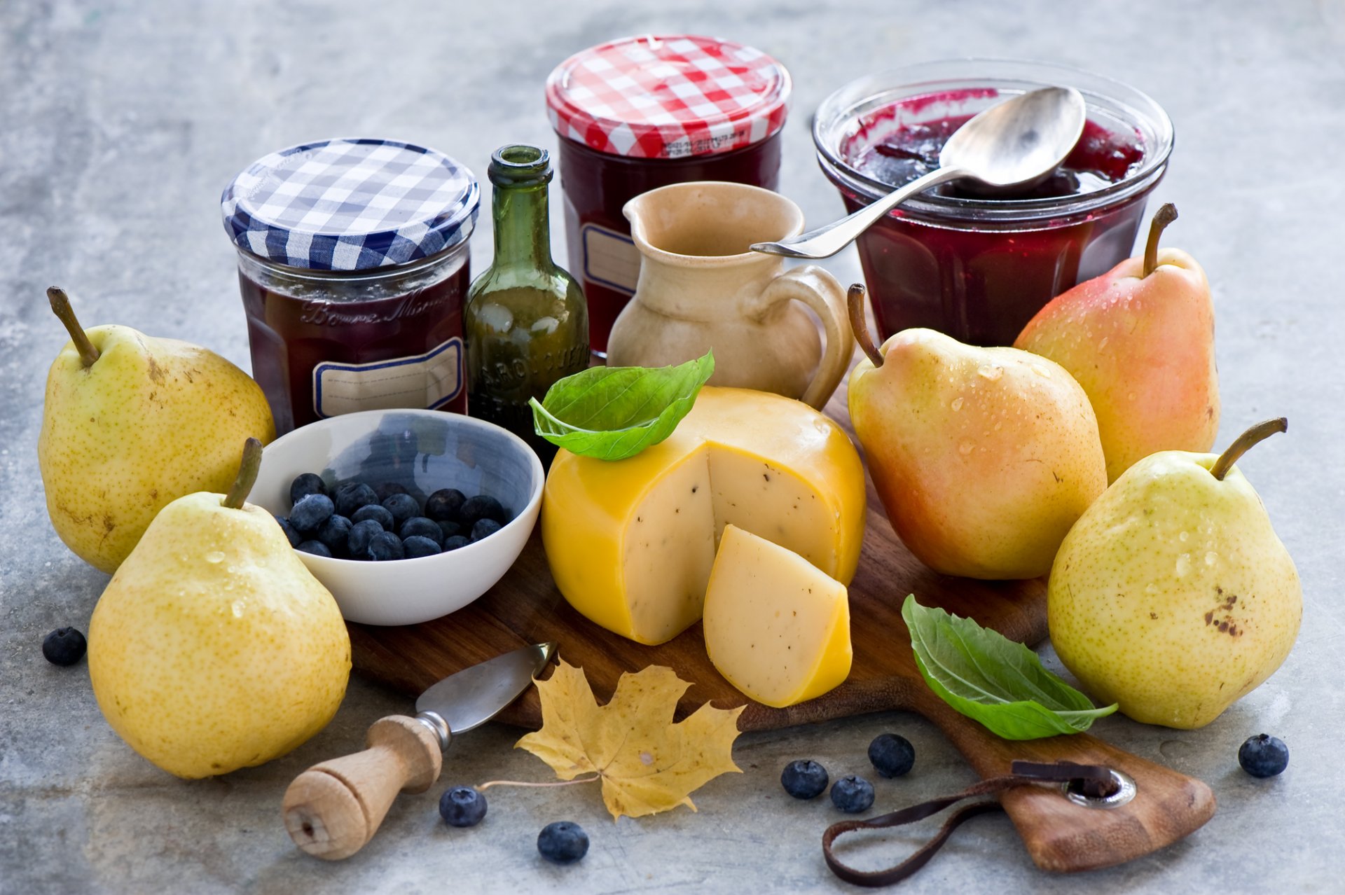 pear cheese jam blueberries berries leaves still life