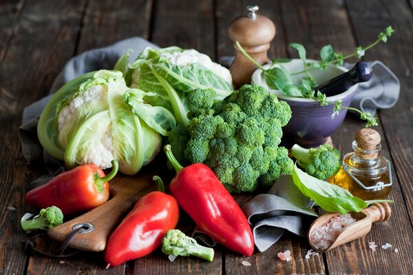 Still life vegetables. Cabbage, pepper, greens