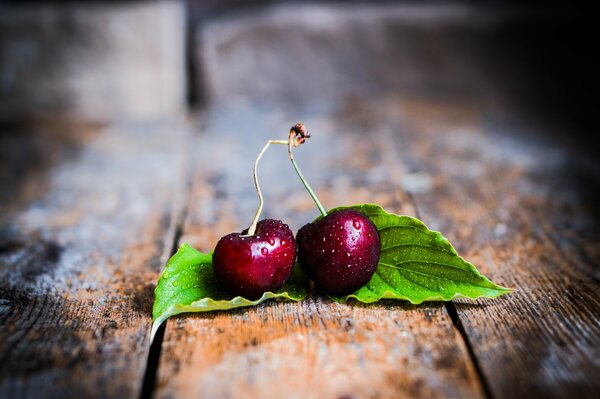 Cerise fraîche sur une table en bois avec des feuilles