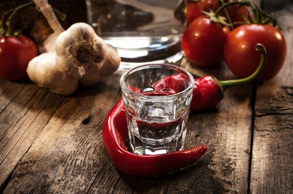 Nature morte avec une pile de vodka, de poivrons et de tomates
