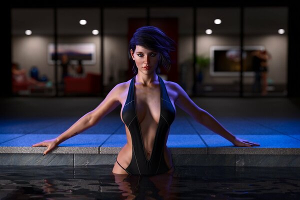 Chica en la piscina en un hermoso traje de baño
