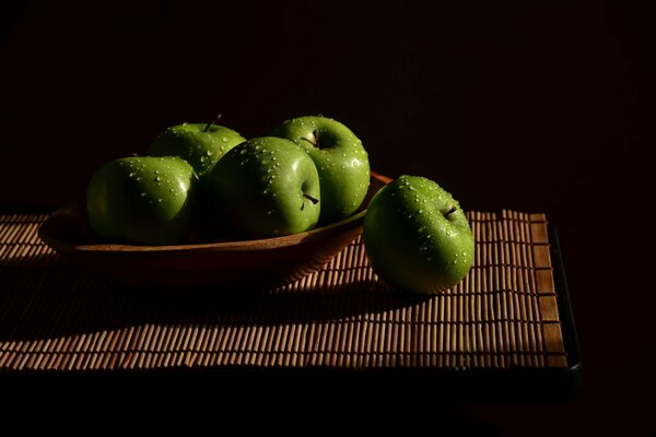 Five green apples in a dish