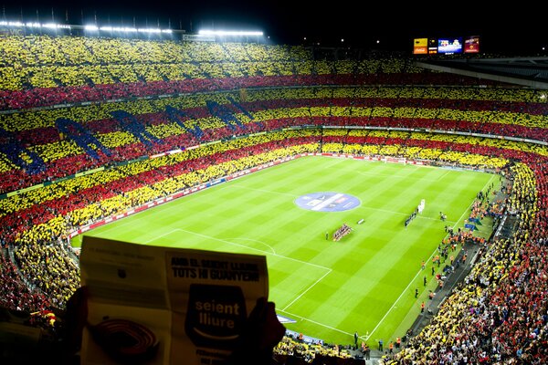 The stadium is crowded at the Barcelona football meeting