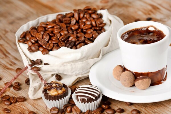 Coffee beans and a cup of coffee