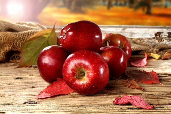 Autumn photo - red apples with leaves on a wooden background