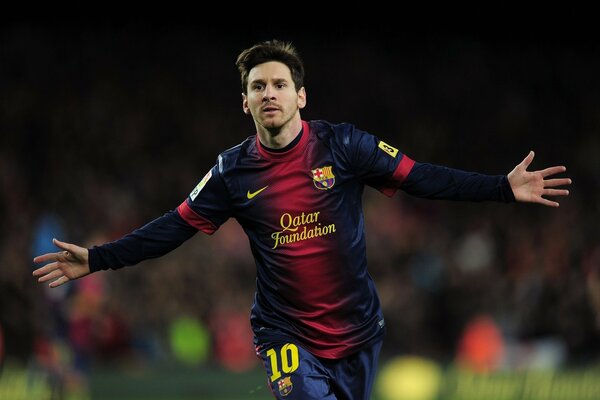 Football star Leonel Messi runs through the stadium