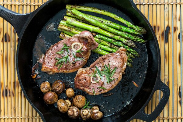 Fleisch in einer Pfanne mit Spargel und Pilzen