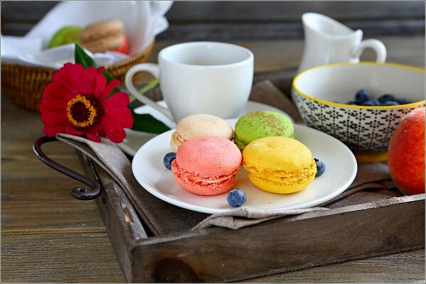 Breakfast on a tray with beautiful macaroons