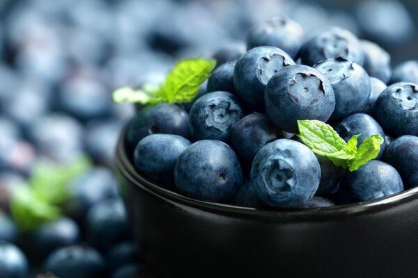 Frische, reife Blaubeeren in einer schwarzen Tasse