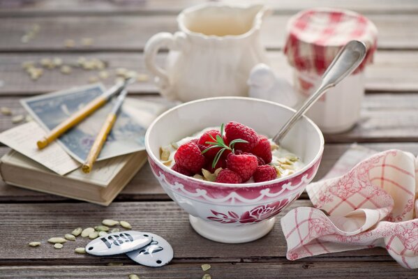 A plate of cottage cheese decorated with raspberries