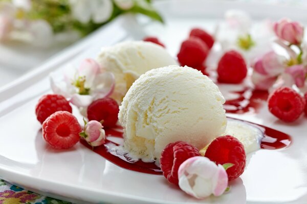 Delicioso postre de bayas frescas y helado