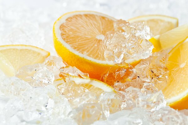 Orange citrus fruits and cold ice