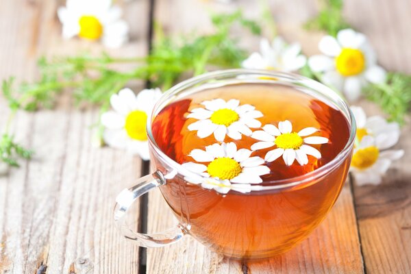 Té de manzanilla en taza de vidrio