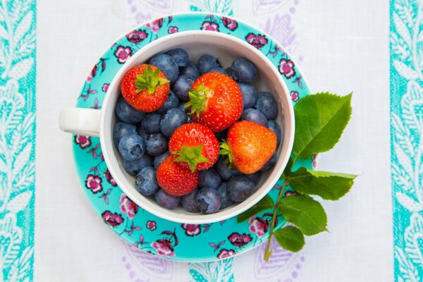 Komposition aus einer Untertasse mit einer Tasse mit Beeren verziert