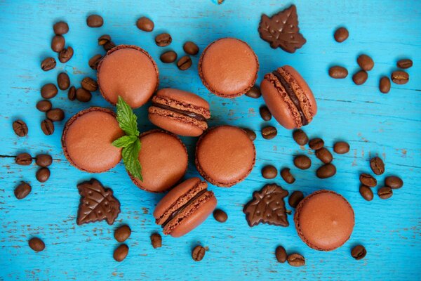 Macarons au chocolat, biscuits aux pépites de chocolat, grains de café et brins de menthe sur fond turquoise