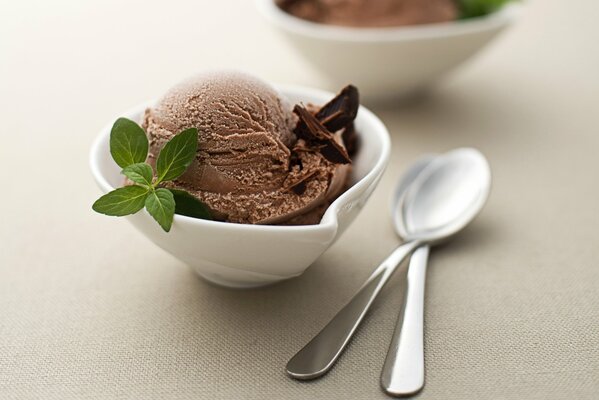 Cream bowl with chocolate ice cream and two teaspoons