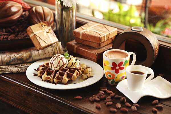 Waffles with banana and ice cream, with coffee