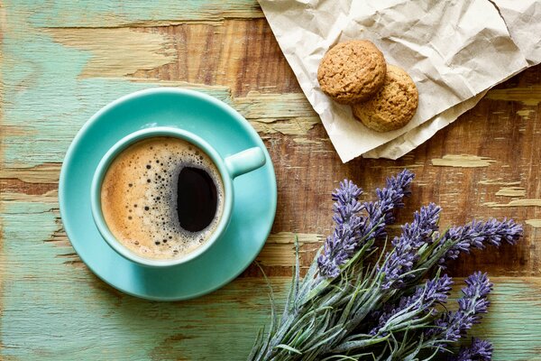 Still life blue cup with coffee and lavender