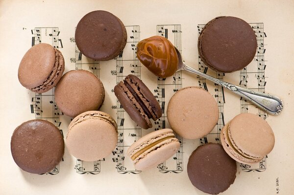 Dessert macaroon with condensed milk in a spoon