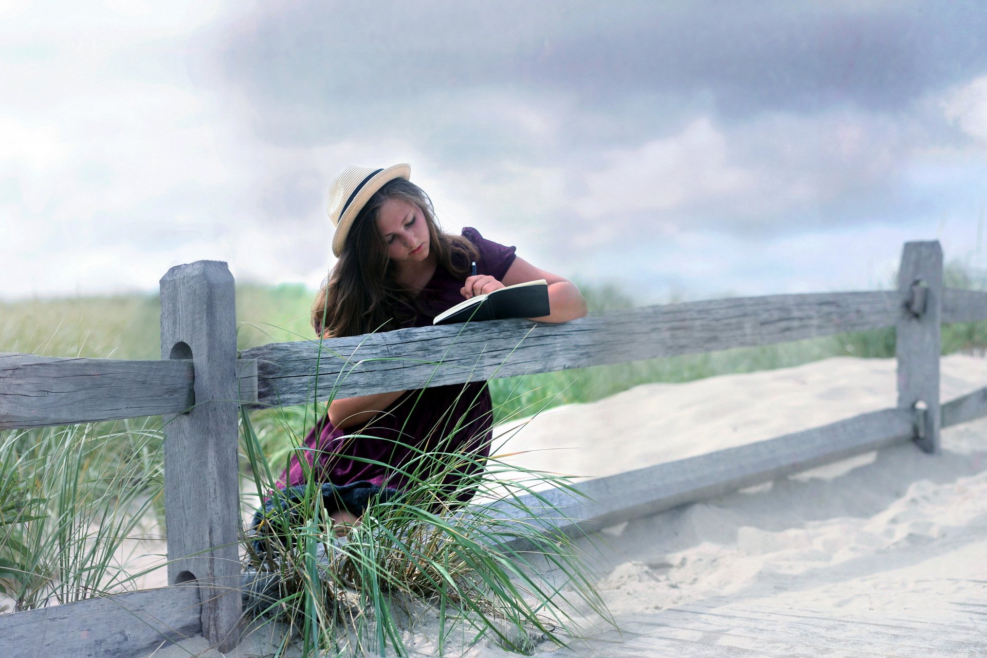 girl book fence mood