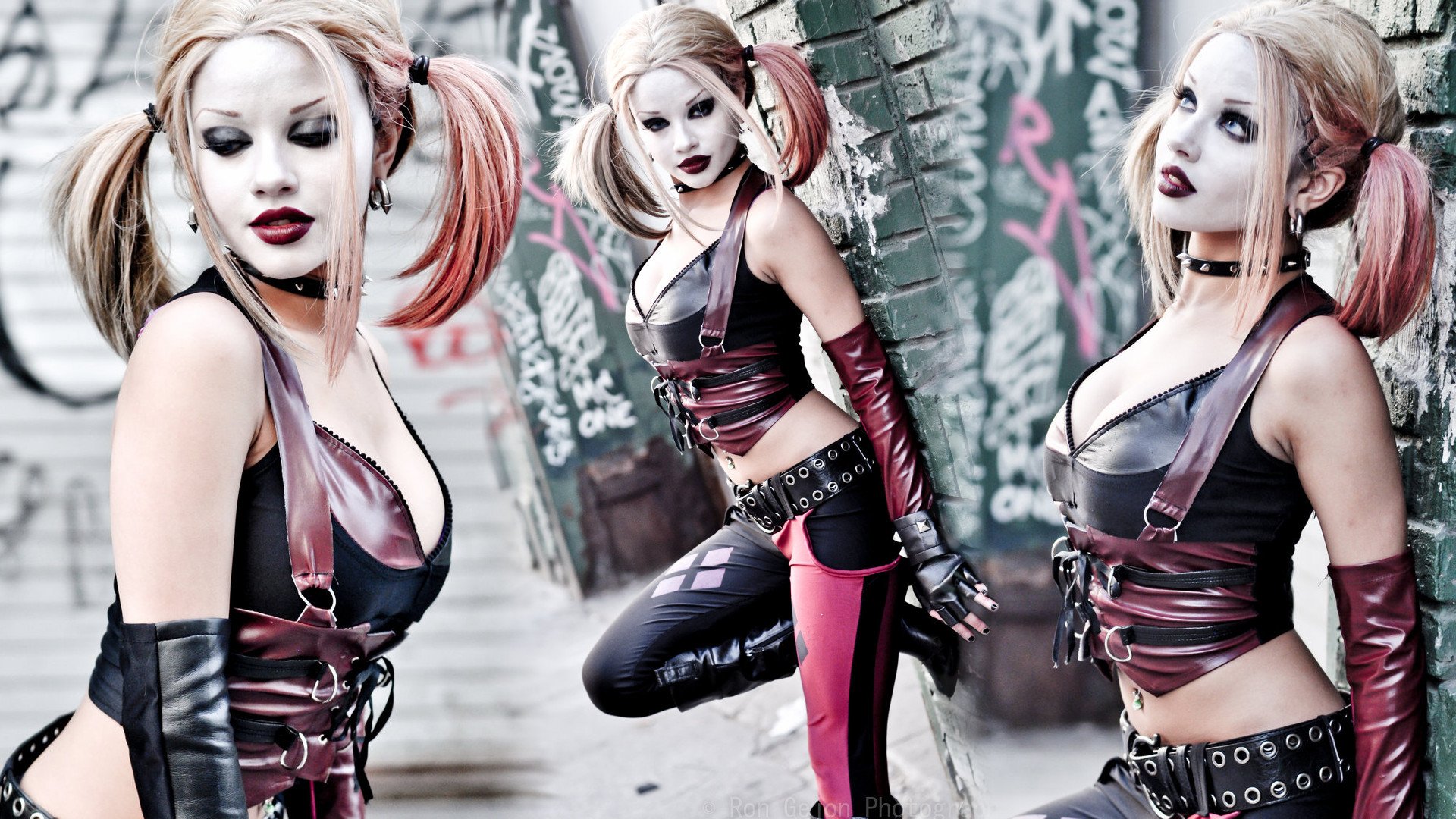 harley quinn batman dc cosplay filles femmes modèles blondes beauté sexy maquillage dieux de l injustice parmi nous représentent arkham city face beau ventre piercing