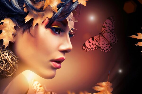 A girl with leaves in her hair looks at a butterfly