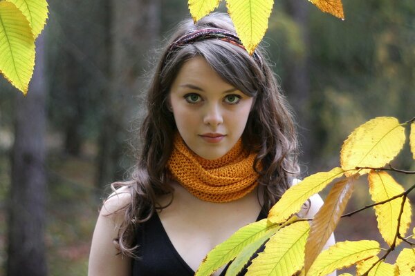 Retrato de una niña en hojas de otoño