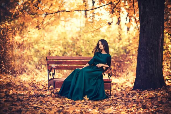 Romantic girl on a bench in the autumn park