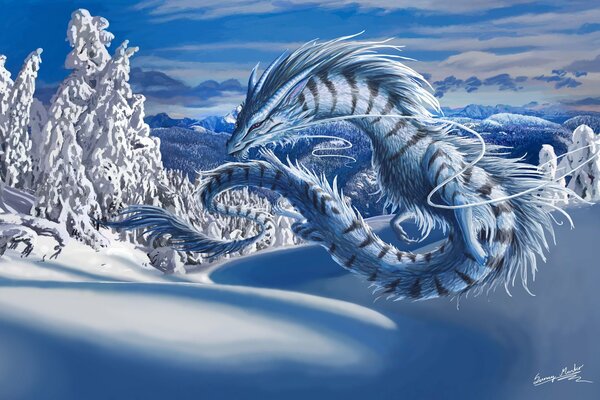 Fantastic dragon on a snowy background