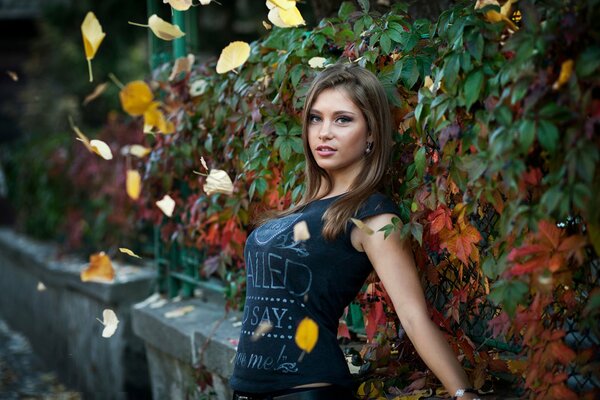 A beautiful girl on the background of an autumn landscape