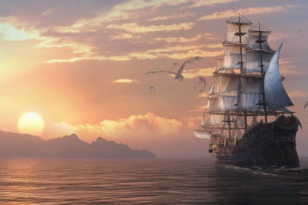 A ship with white sails sailing at sunset on the sea