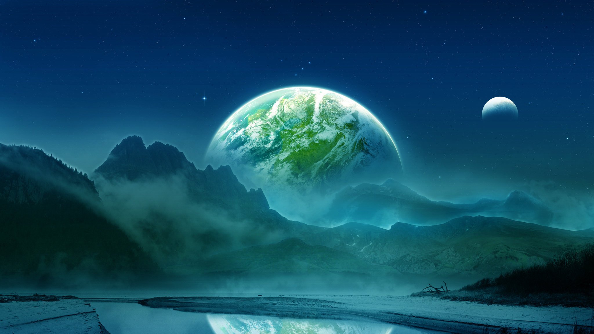 planet satellite mountains reflection the sky fog landscape