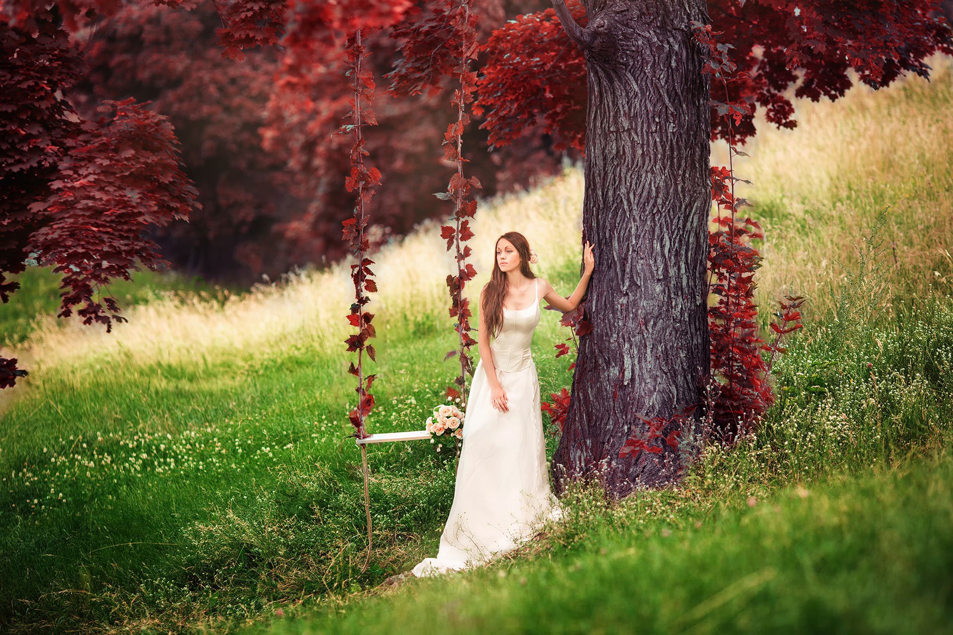 red forest girl swing tree